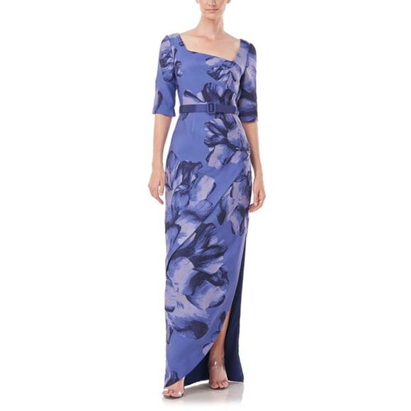 Kay Unger Octavia Blue Floral Print Organza Asymmetric Formal Formal Maxi Gown 6 - Picture 2 of 16